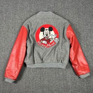 Vintage 90s Disney Mickey Mouse Club Varsity Jacket Kids 12-14 Red Wool Leather